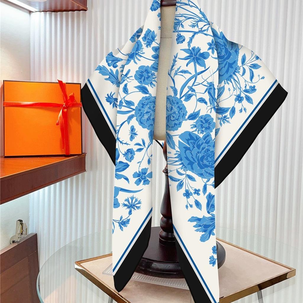 90cm Korean Style High-quality Twill Silk Rose Flower Printed Square Scarf for Women Elegant Small Floral Scarves