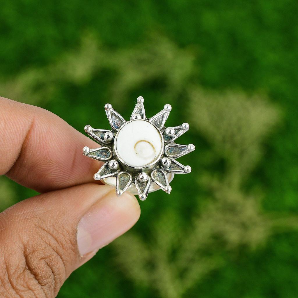 Natural Shiva Eye Shell Gemstone Promise Flower Adjustable Ring 925 Silver