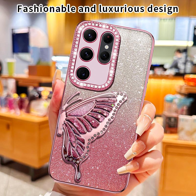 Diamond Glitter Liquid Quicksand Butterfly Phone Holder Case for Samsung Galaxy S25 S24 S23 S22 S21 S20 Ultra FE Plus Cover