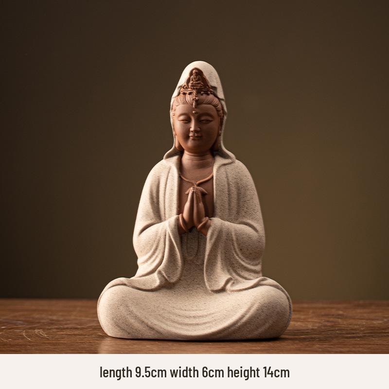 Ceramic Seated Guanyin On Lotus with Light Ring and Anjali Mudra for Home Decor