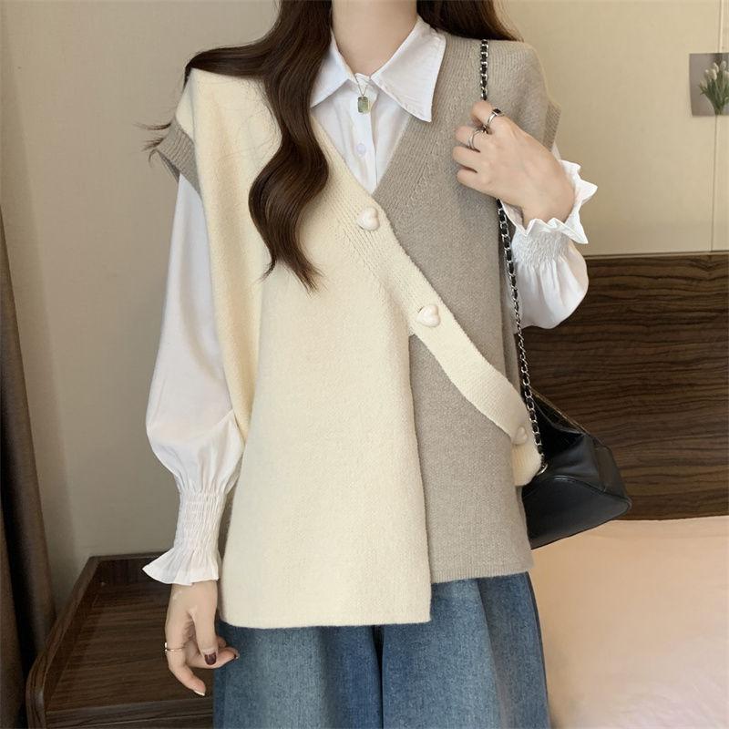 Vår og høst Kontrastfarge Strikket Genser Vest for Dame Design Uregelmessig Løs og Slank Ermeløs Strikket Vest Dame