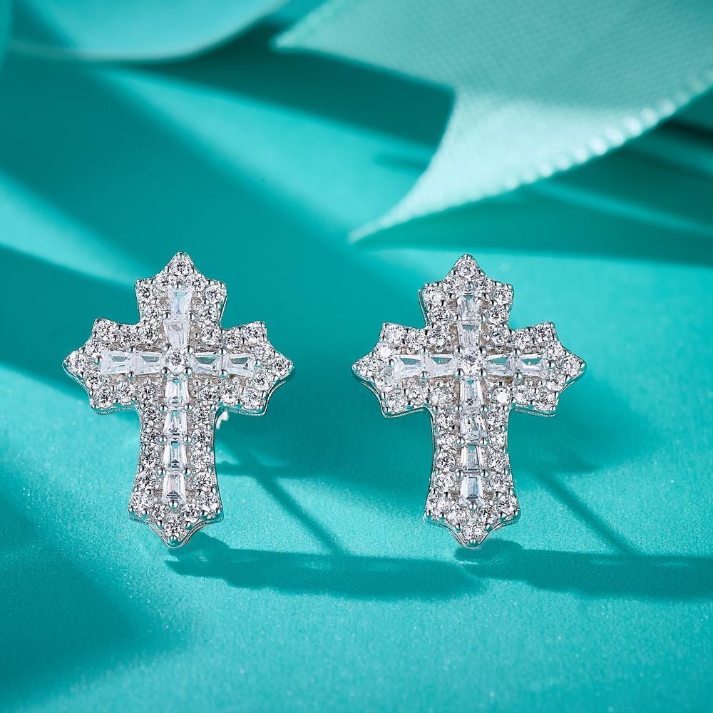 Cross Moissanite Earrings 14K White Gold Plated Studs Screw-Back Earring