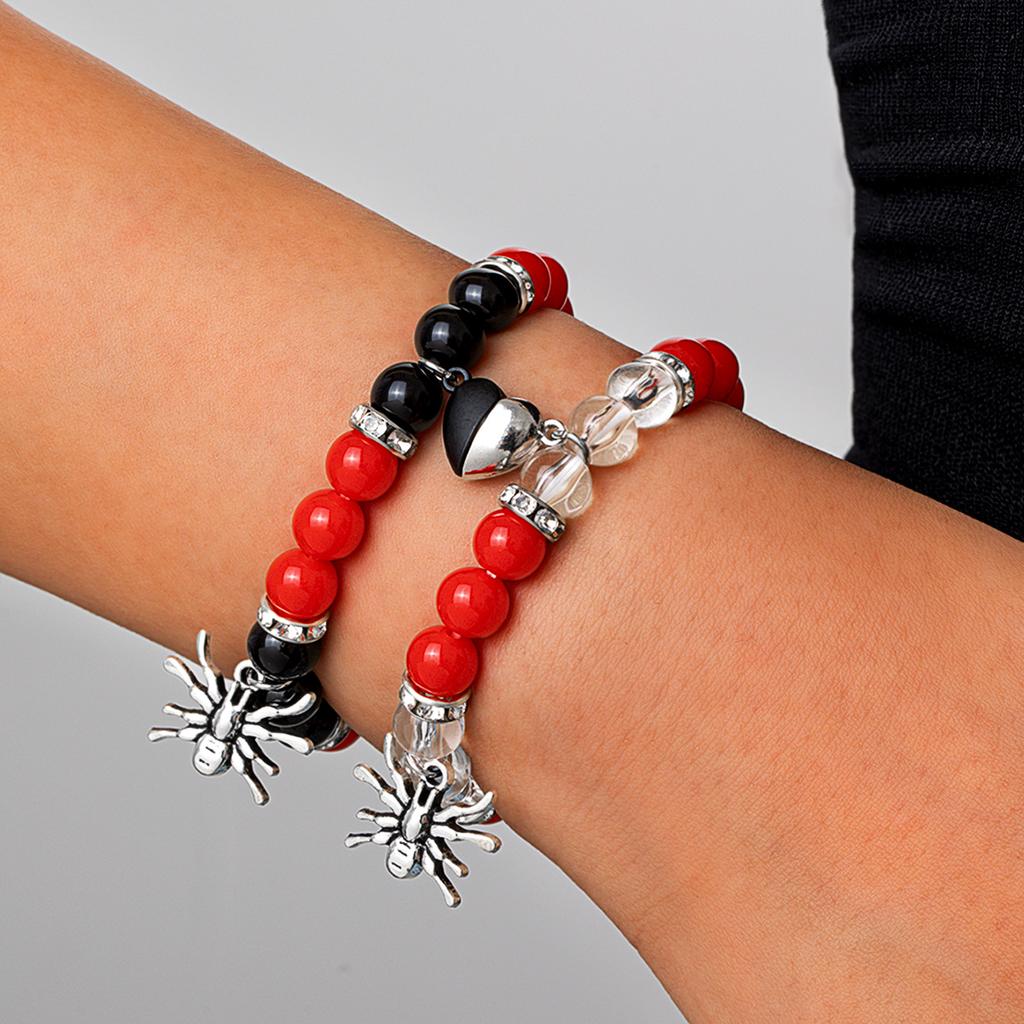 2 Halloween spider pendants, red and black bead bracelets, couple style heart-shaped bracelets