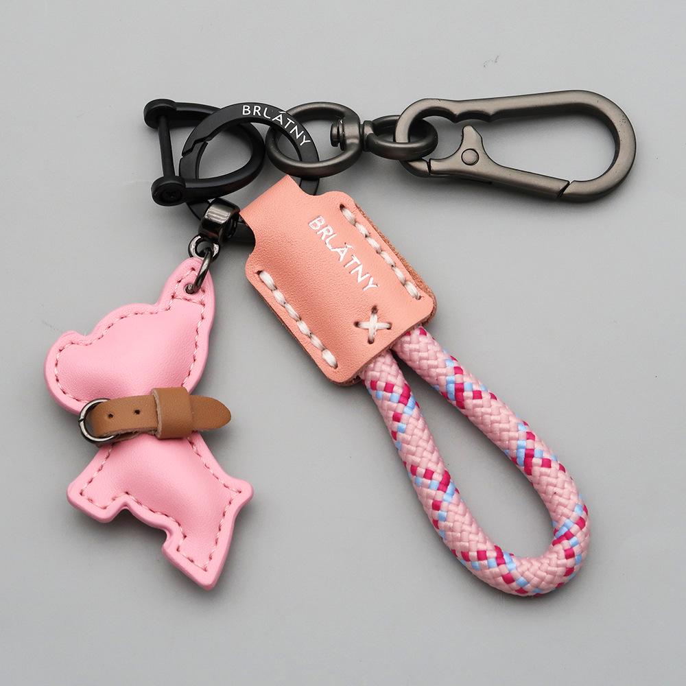Handmade French Bulldog Genuine Leather Keychain with Anti-Lost Woven Rope Lanyard.