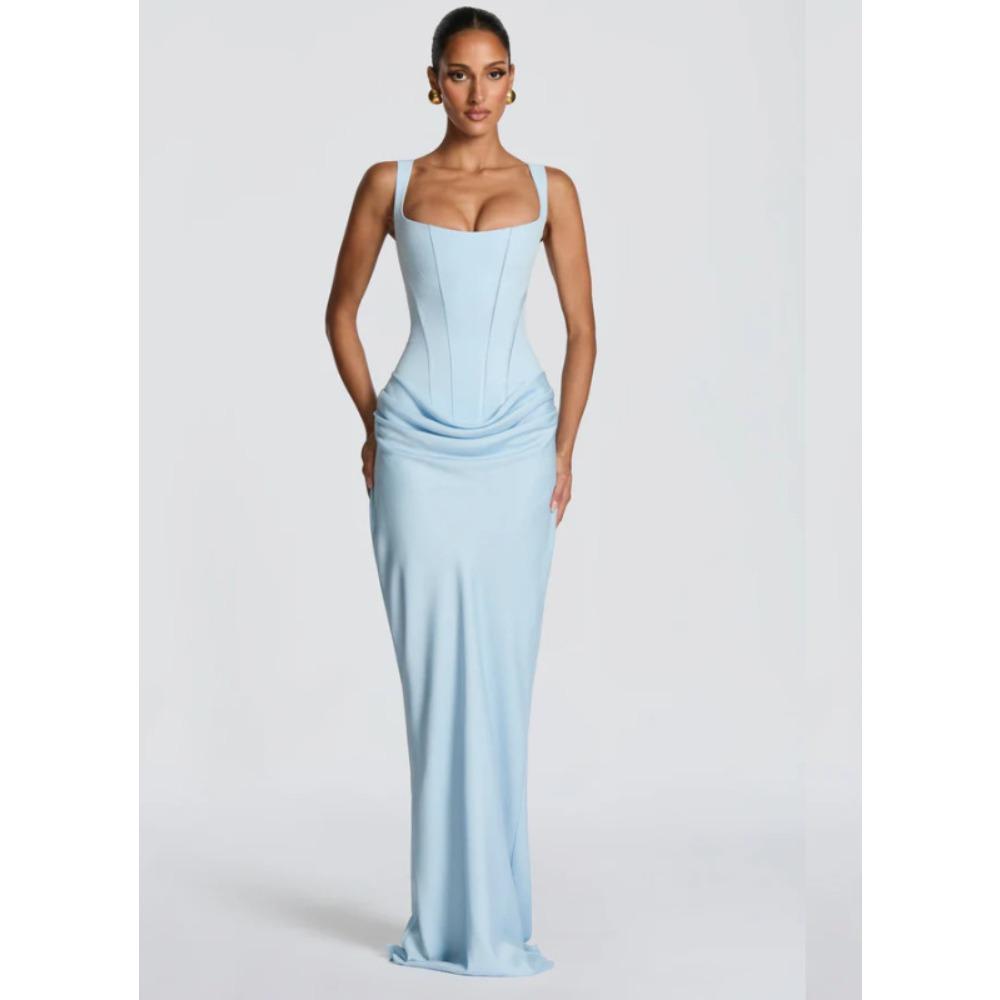 Women's Square Neck Sleeveless Solid Color Maxi Dress Mid Waist Bodycon Party Dress