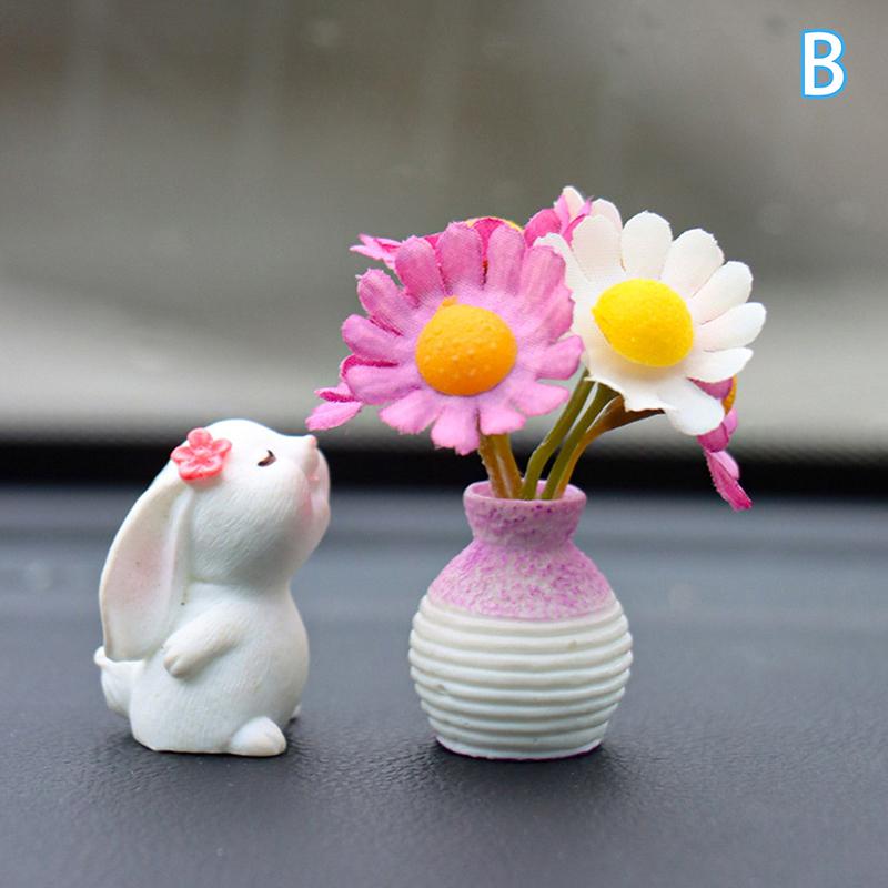 Cute Mini Bunny And Daisy Flower Vases Car Dashboard Decorations Fun Dashboard Ornament Kawaii Car Interior Accessories Rearview