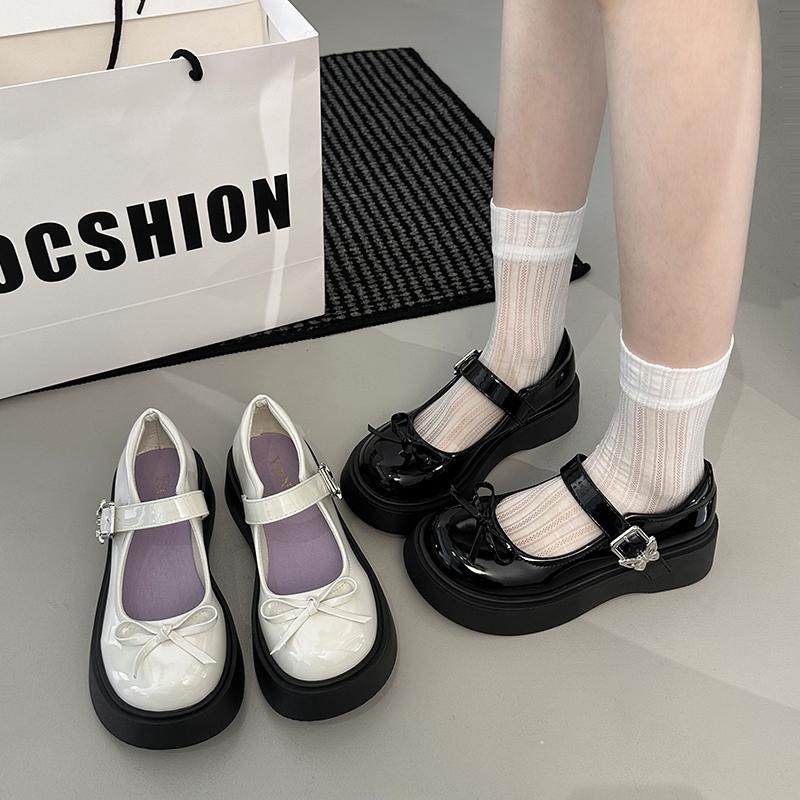 2025 New Bow Mary Jane Single Shoes Women's Fashion Round Toe Shallow Mouth Metal Buckle One Strap Platform Wedge Shoes