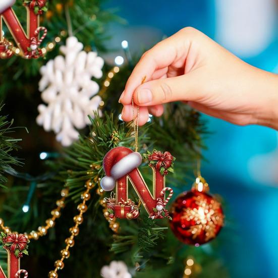 Red Initials Christmas Ornaments 2D Acrylic Personalized Gnomes Monogram Pendant with Santa Hat 26 Letters Christmas Tree Hanging Decoration for Xmas