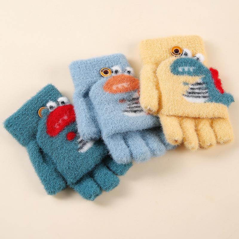 Dětské roztomilé kreslené dinosauří palčáky s odklápěcí horní částí: Hřejivé vlněné rukavice bez prstů na zimu