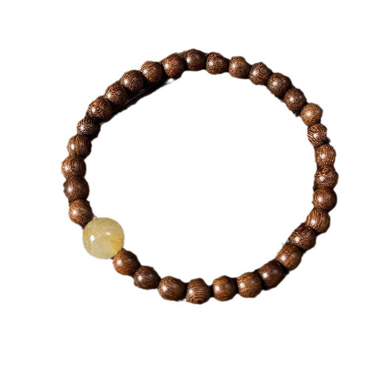 Golden Sandalwood & Rutilated Quartz Beaded Bracelet - Chinese Style Single Strand for Women