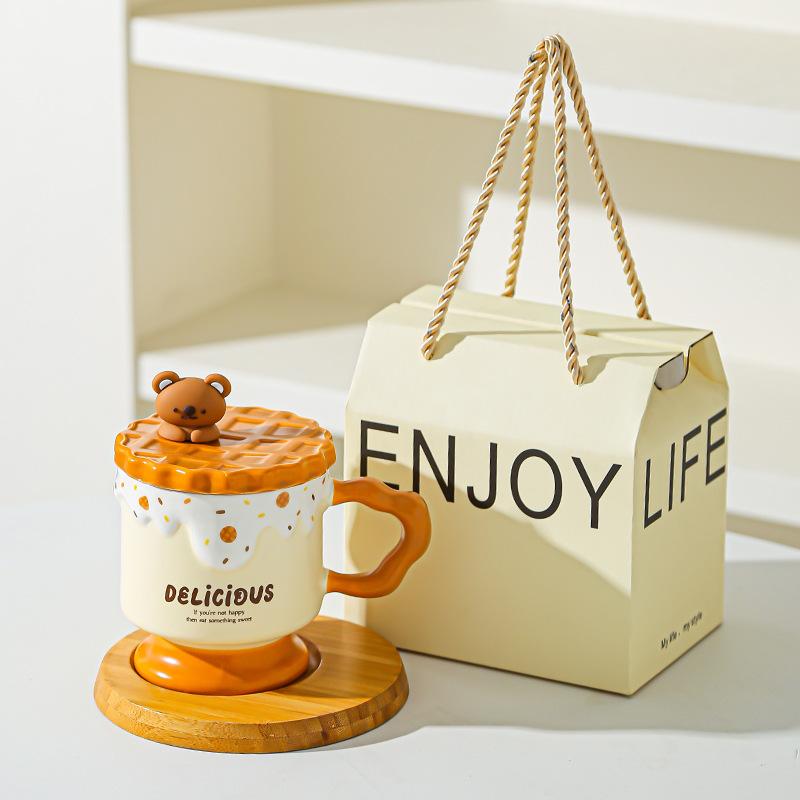 Tecknad Söt Björn Kakor Keramisk Mugg med Lock Högt Värde Kontors Vattenkopp Souvenirgåva Mugg