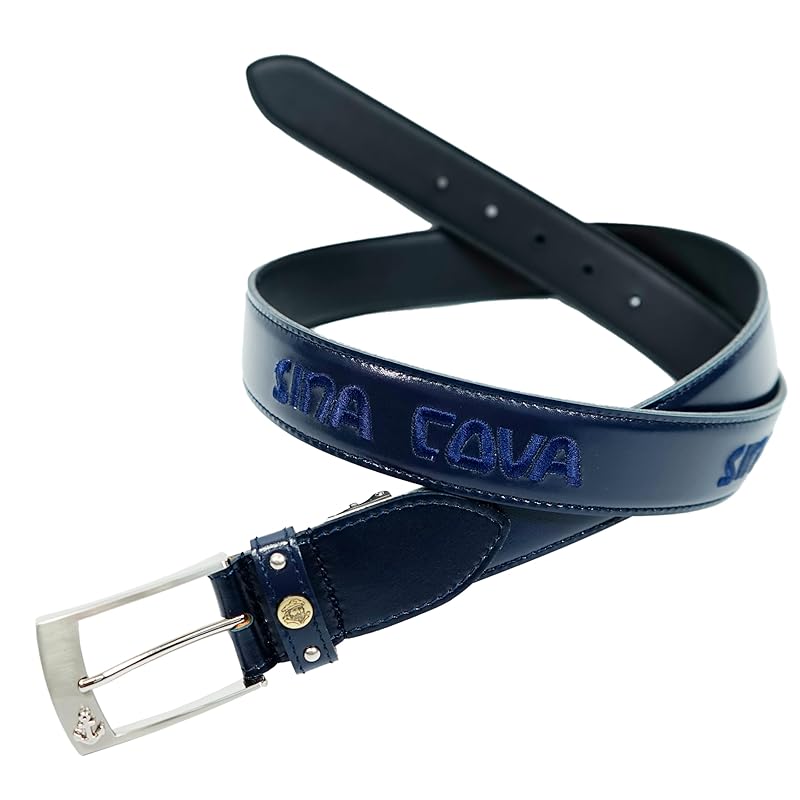 

[Shinakoba] belt men s casual cowhide width 35mm Waist maximum 105cm compatible Size adjustable logo embroidery 24176050 (Navy) F