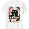 Black Cat Eating RaUnisex Japanese Ukiyo Style Graphic Tee T-Shirt Anime Food Lover Gift