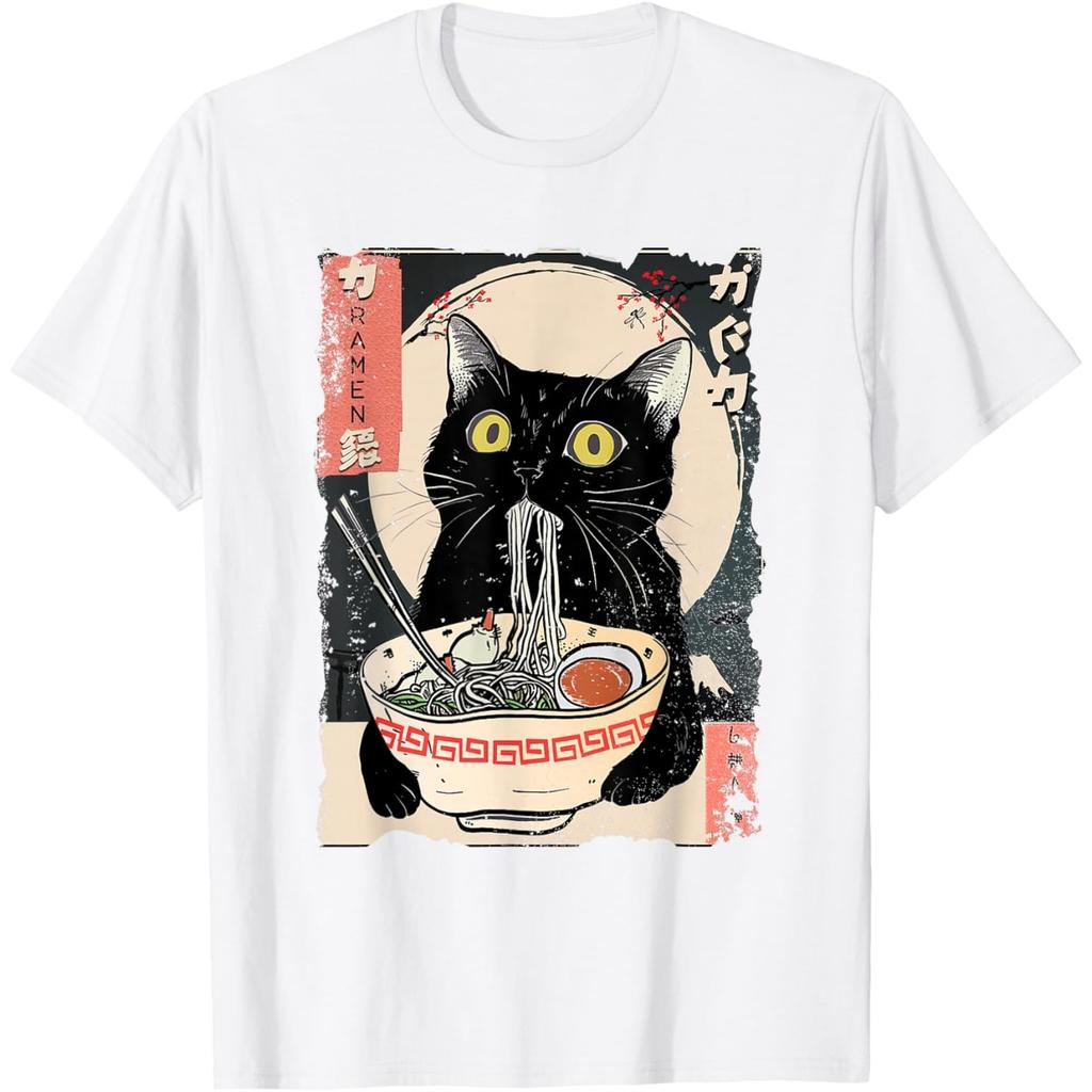Black Cat Eating RaUnisex Japanese Ukiyo Style Graphic Tee T-Shirt Anime Food Lover Gift