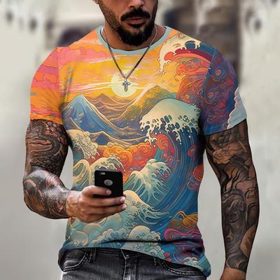 Maglietta da uomo in stile giapponese con grafica Ukiyo-e, stampa 3D, casual, a maniche corte, per attività all'aperto, taglie forti, abbigliamento da uomo, nuovo