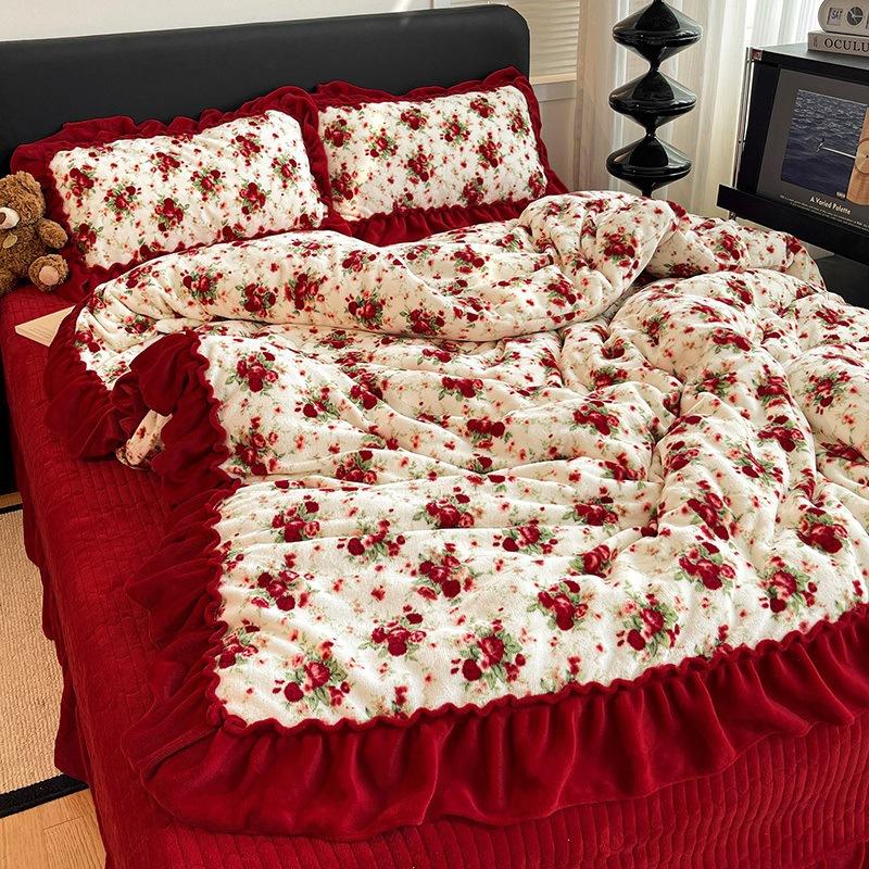 Premium Leopard Print Thickened Milk Fleece Rabbit Plush Lace Bed Cover Four-Piece Warm Double-Sided Fleece Bed Hat