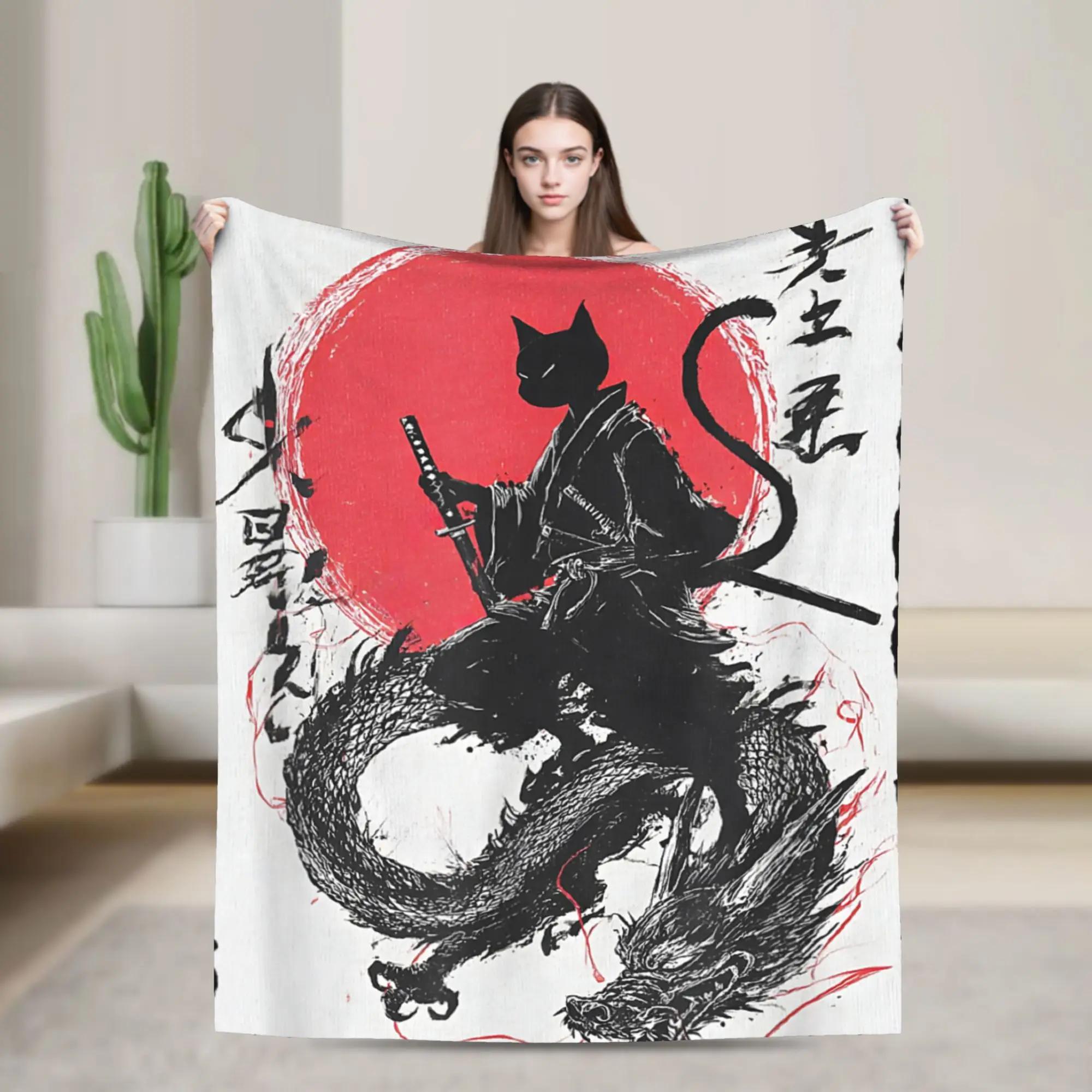 Ukiyoe Samurai Japanese Ink Art Cat Blanket Flannel Autumn Winter Vintage Thin Throw for Bed Sofa 100x150cm