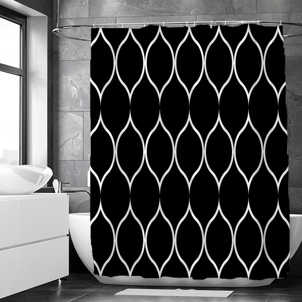 Black and White Geometric Pattern Shower Curtains Waterproof Fabric Bathroom Curtain with Hooks 180x180cm Toilet Bath Screen