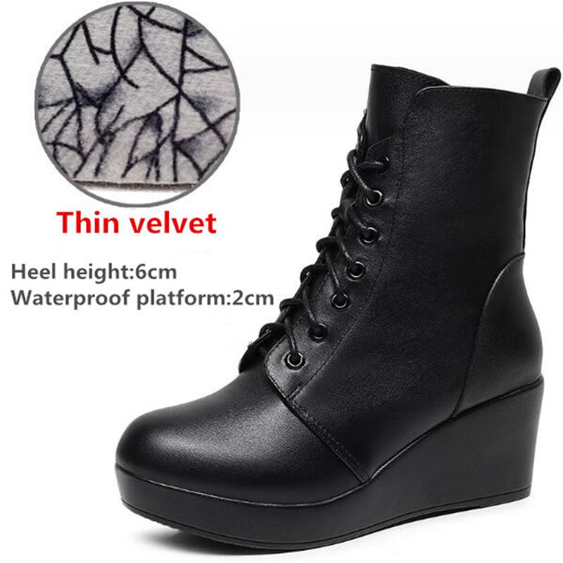 Women Genuine Leather Ankle Boots Winter Female Plush Snow Boots Platform Wedge Boots Women's High Heel Shoes Size 33-43