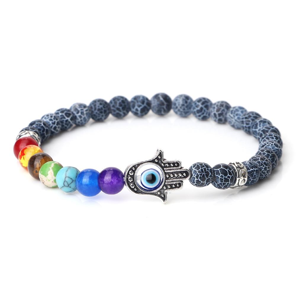 6mm 7 Chakra Beads Bracelets Lucky Evil Eye Hand Of Fatima Women Men Natural Lava Stone Agates Bracelet & Bangle Prayer Jewelry