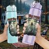 1PC Purple mountain arched crest print 750ml colorful plastic sports water bottle leakproof pop up lid with straw for outdoor work home use