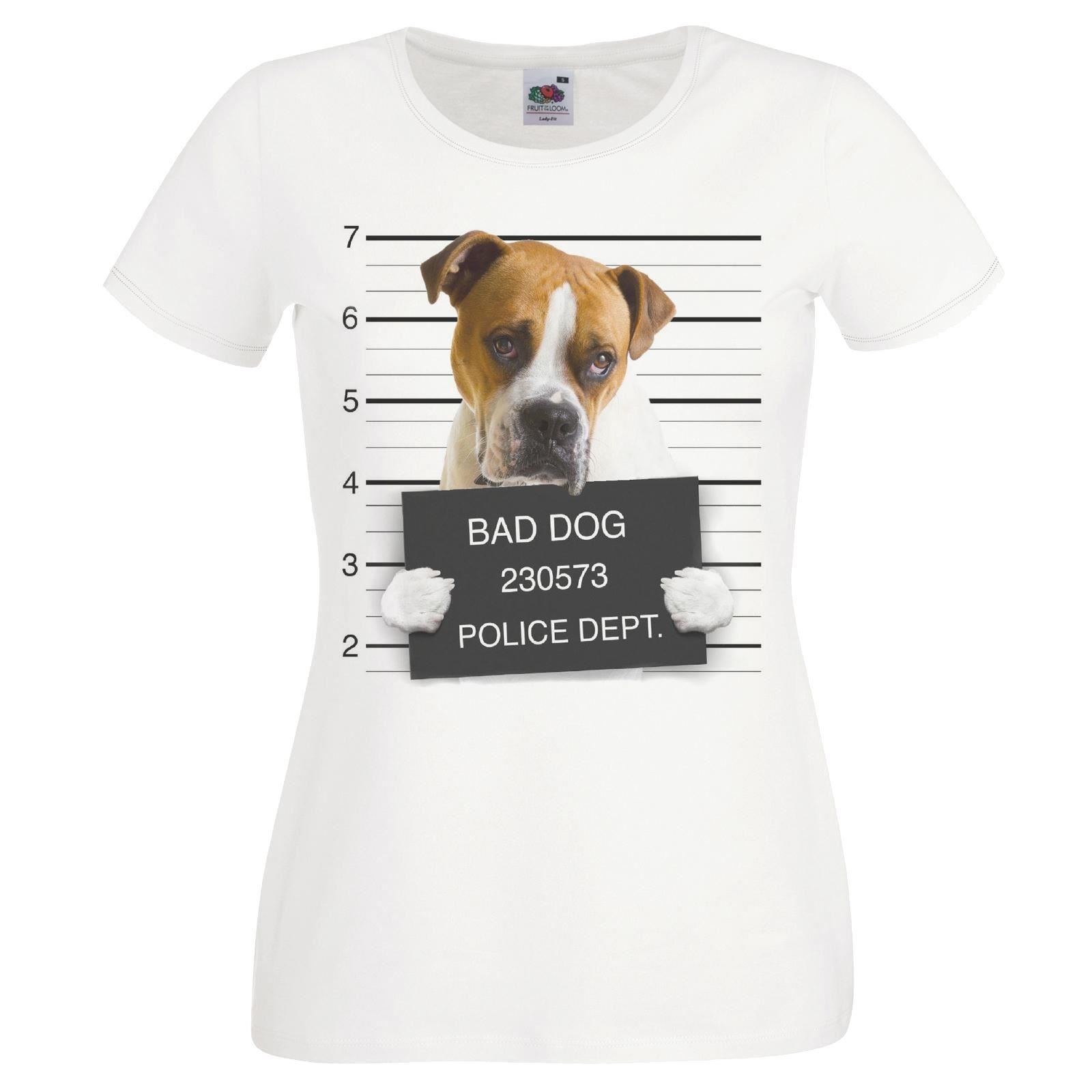 Ladies White Dog Mugshot American Johnsons Bulldog Criminal Canine TShirt S