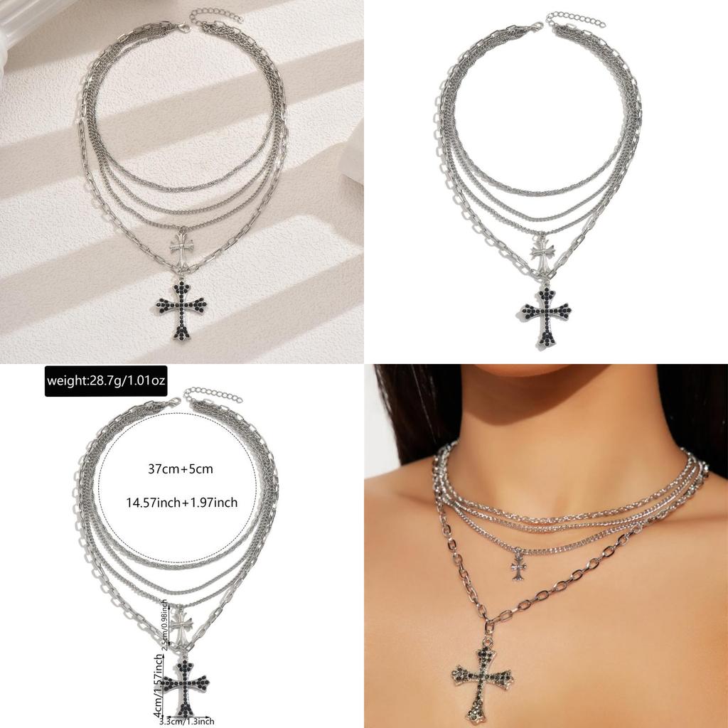 Collier pendentif croix superposé hiphop pour femmes avec design géométrique en alliage