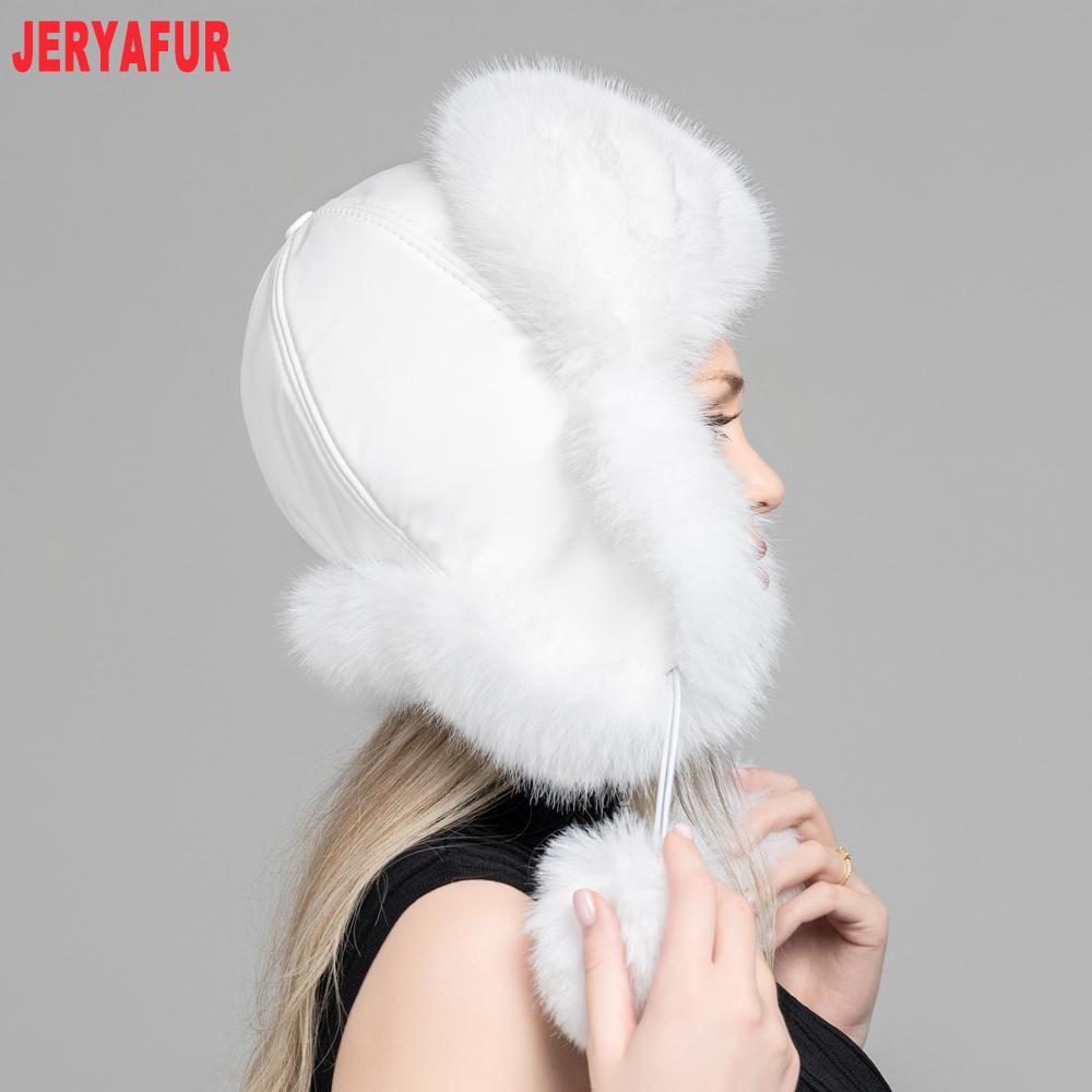 JERYAFUR Women White Ushanka Trapper Hat, Faux Fur Ear Flap with Pom Poms Warm Ladies Winter Cap for Snowy Cold Weather