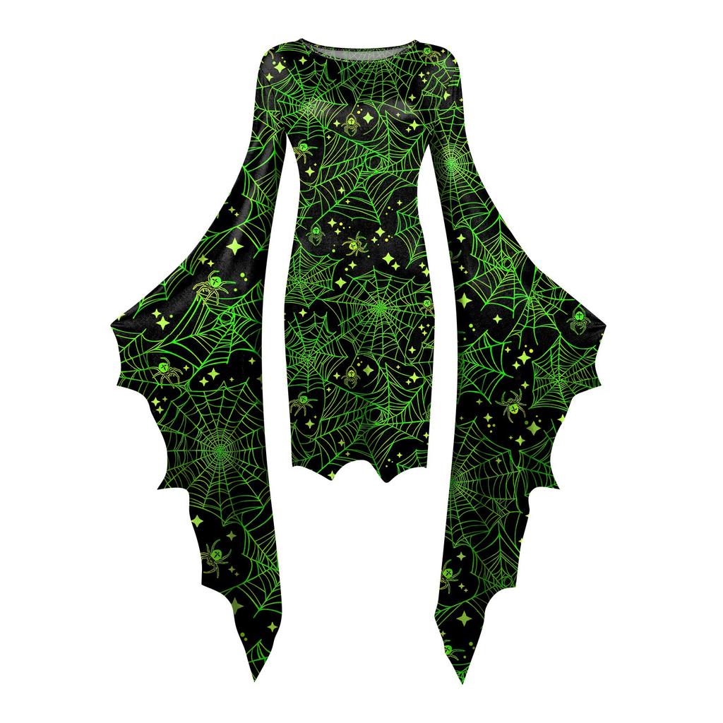 Women Fashion Gothic Punk Bat-Sleeve 3D Cute Halloween Print Irregular Party Dress