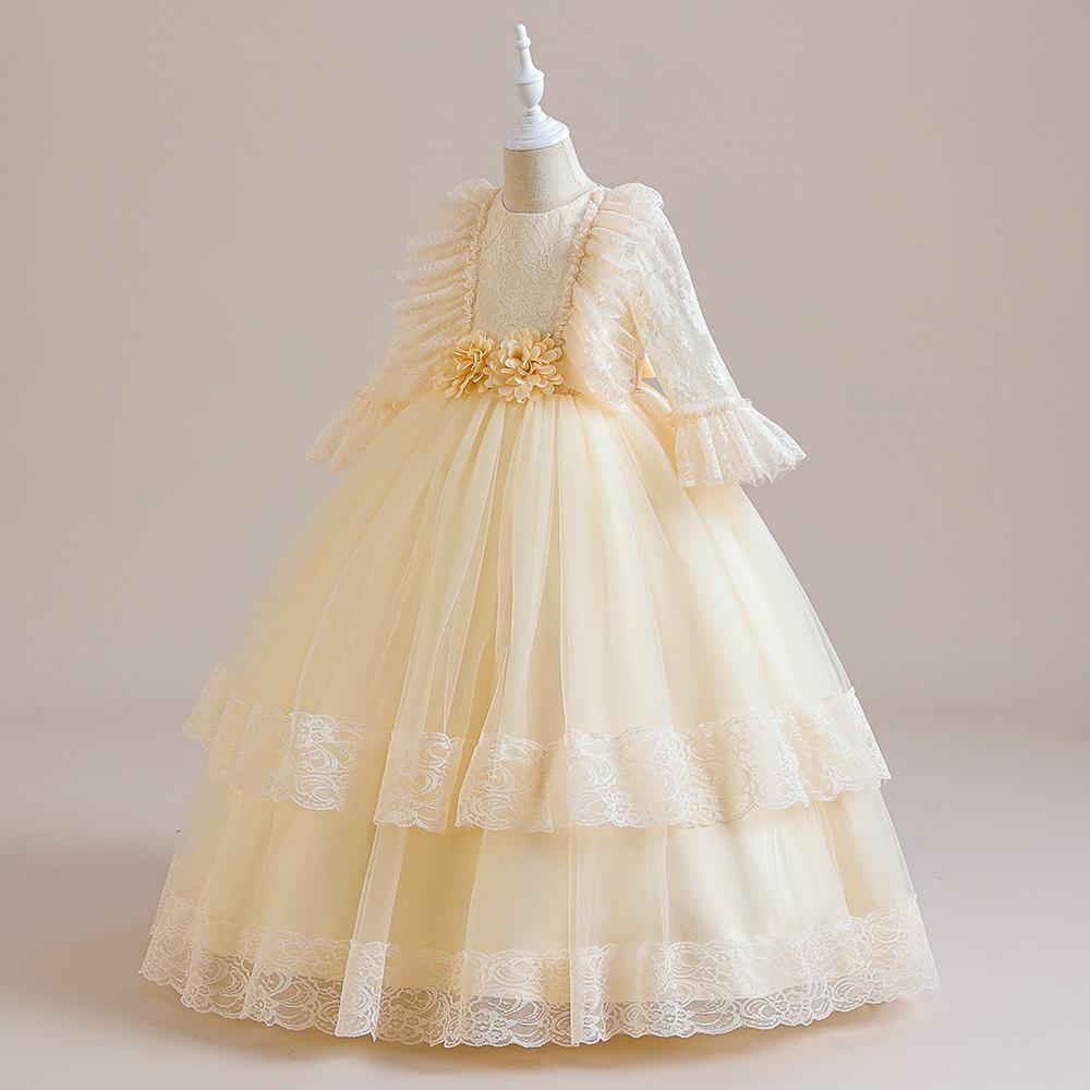 Flauschige Mädchen-Partykleider, weiße Spitze, Schleife, Bridemaid, Hochzeit, Prinzessin, Kinderkleid für Mädchen, halbe Ärmel, Geburtstagskleid, Kostüm