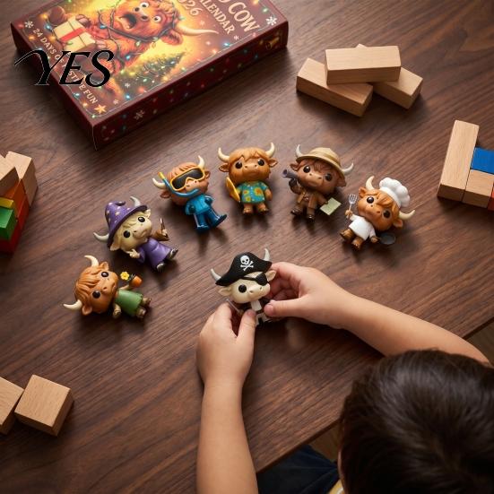Creative Holiday Gifts 24 Days 3D Highland Cow Advent Calendar 2026, Christmas Countdown Cute Desk Figurines with Farm Cattle Mini for Ornaments