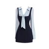 Large size fat MM fake two-piece long-sleeved dress women's autumn college style waist and thin age-reducing shirt skirt short skirt