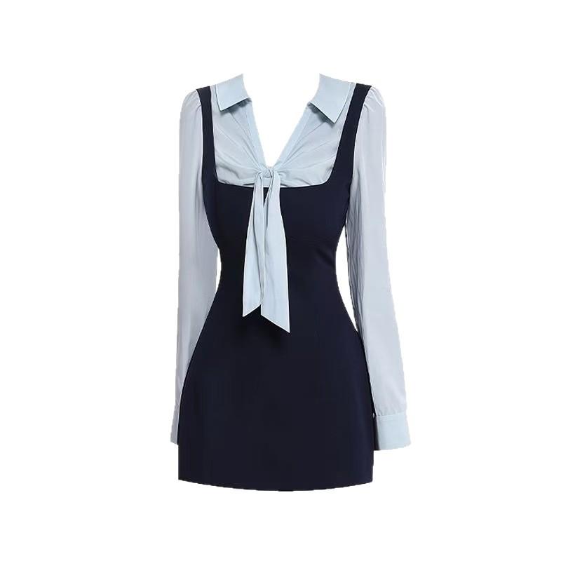 Large size fat MM fake two-piece long-sleeved dress women's autumn college style waist and thin age-reducing shirt skirt short skirt
