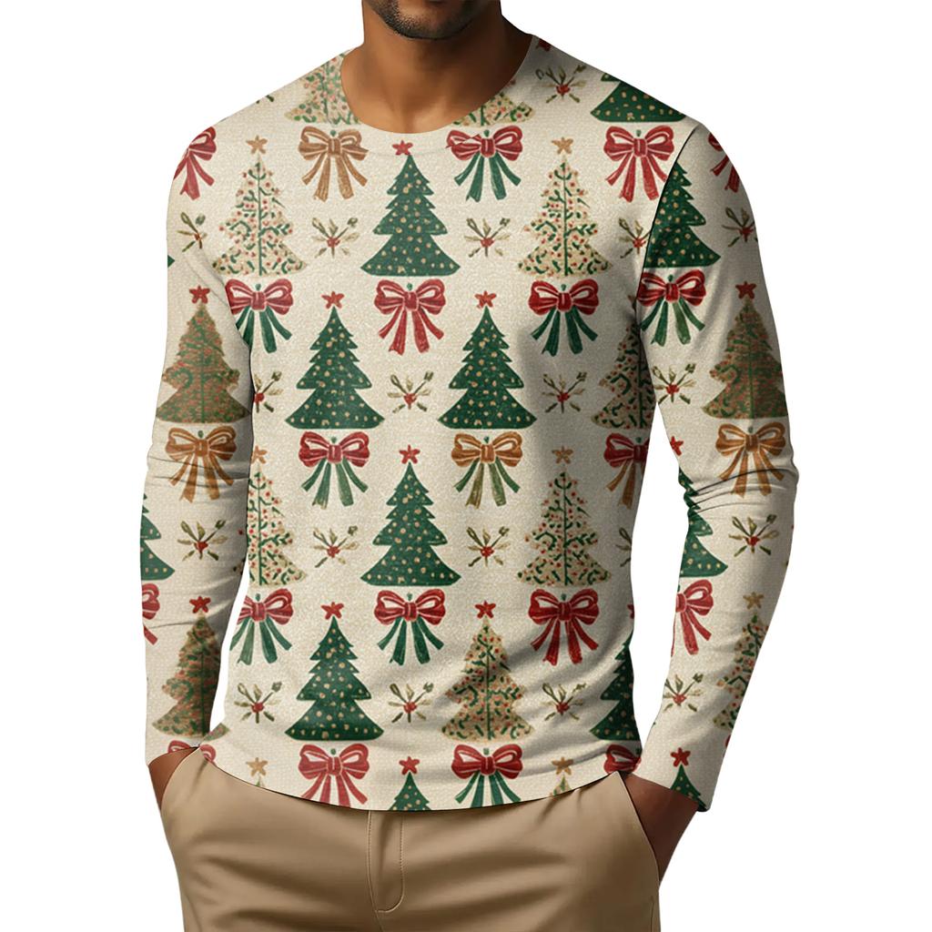 Men's Fashion Printed Round Neck Long Sleeve Bottoming Shirt Top