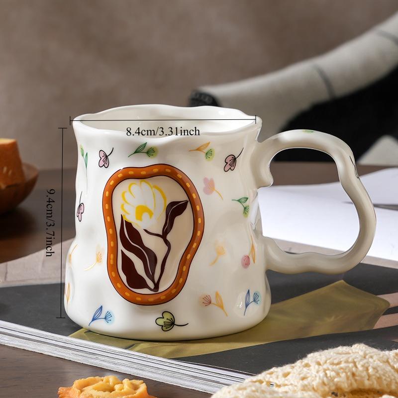 380Ml Dreamy Flower Cluster Hand-painted Ceramic Cup Irregular Relief Breakfast Coffee Cup High-value Souvenir Gift Mug