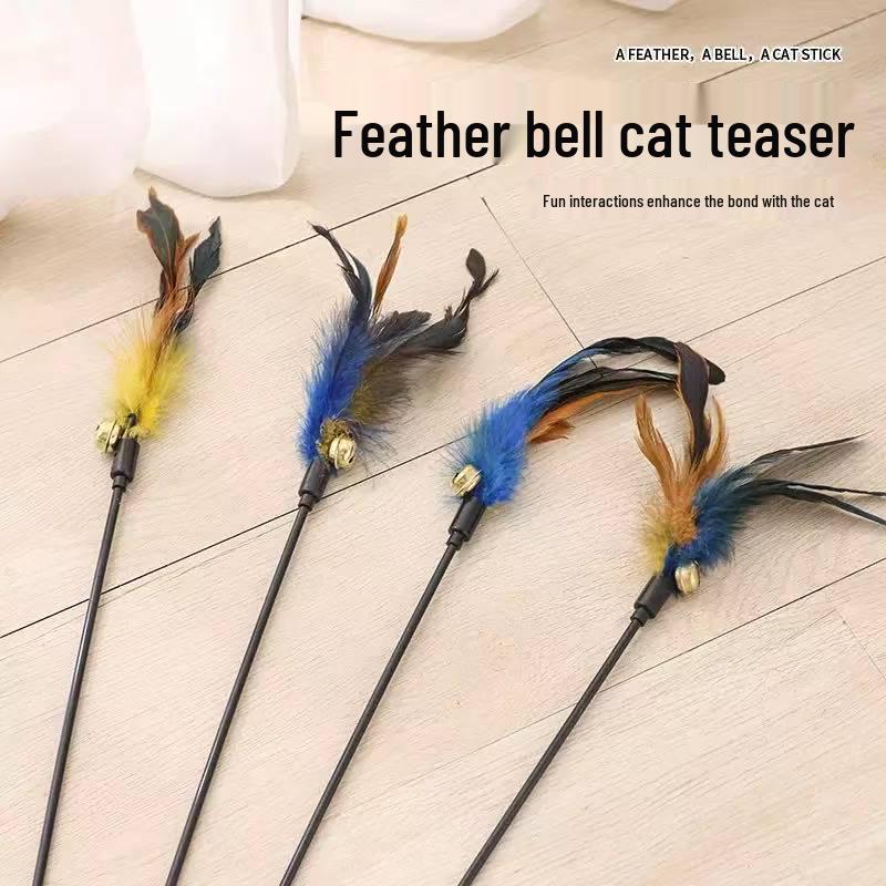 Colorful Feather Cat Teaser Stick: Black Rod with Bell, Bite-Resistant Kitten Toy