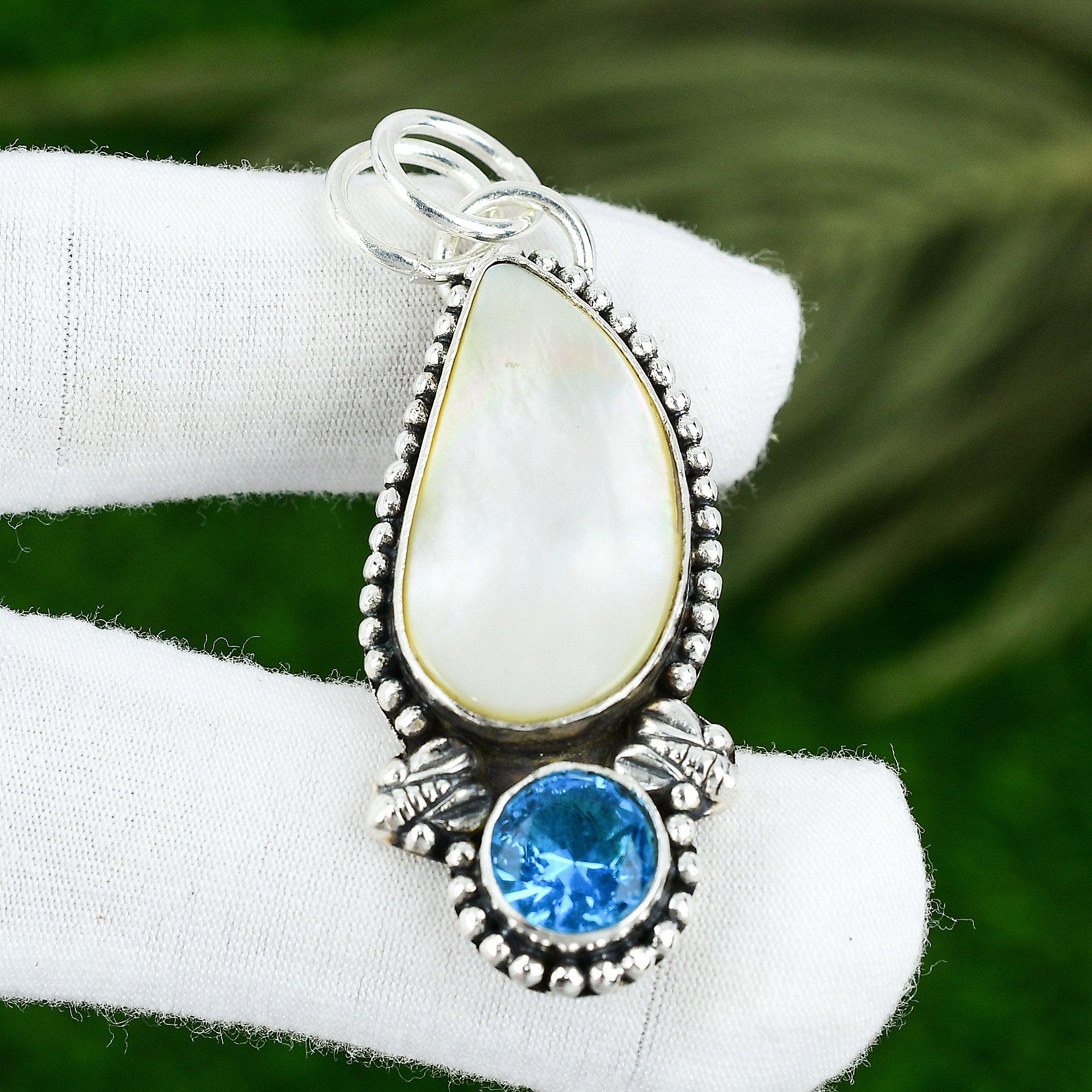 

925 Sterling Silver Mother Of Pearl Stone Swiss Blue Topaz Artisan Bezel Pendant