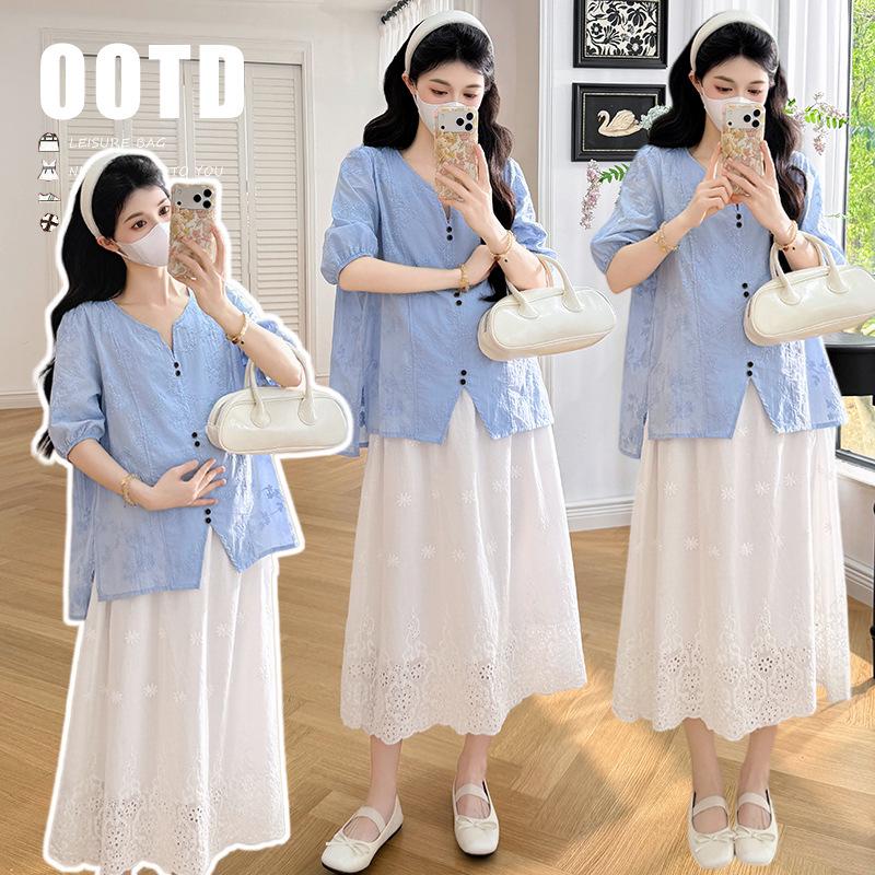 2026 Summer Women s Maternity Set: V-Neck Shirt + Hollow Skirt XL