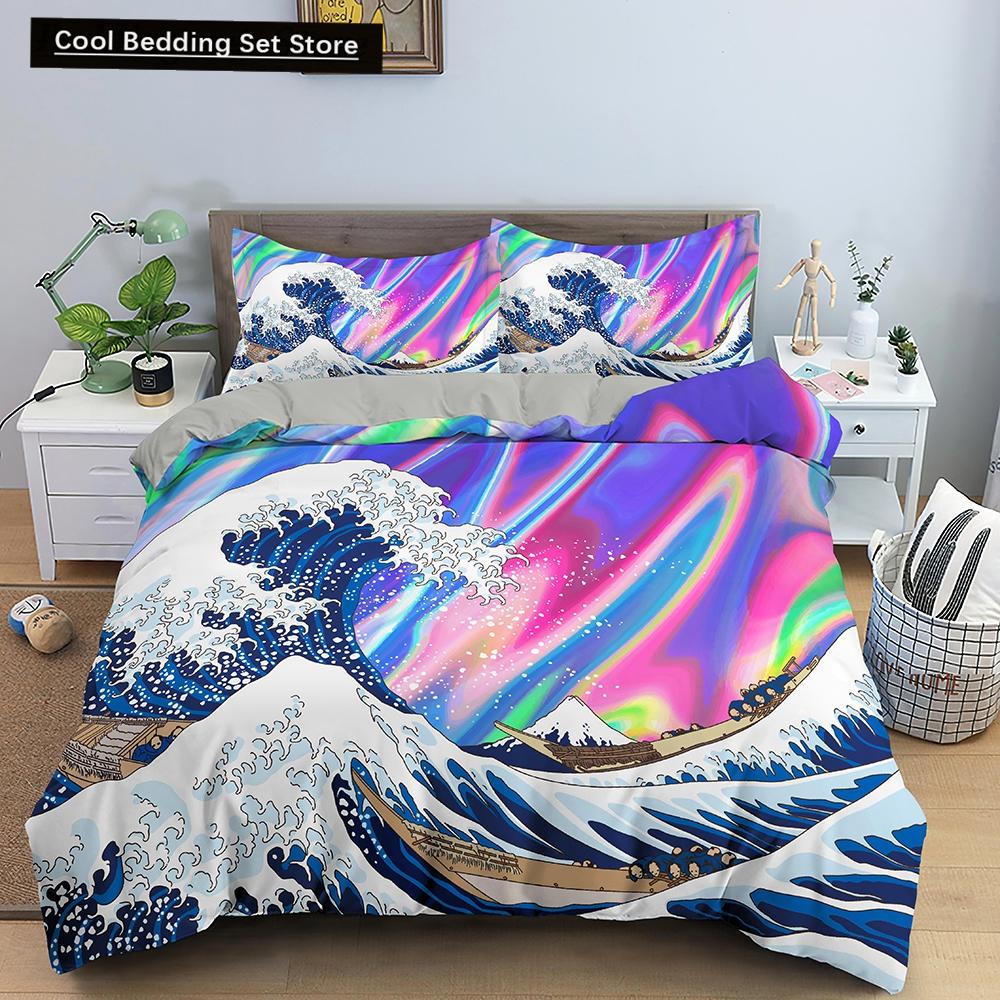 Ozeanwelle Bettwäscheset 3D Abstrakte Kunst Bettbezug King/Queen Größe mit Kissenbezug Aquarellstil 2/3-teilig Polyester Steppdeckenbezug