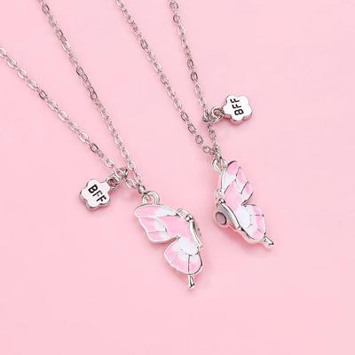 2 Pcs Hot Selling Butterfly Necklace Fashion BFF Friend Necklace Set Exquisite Alloy Magnet Necklace Jewelry Personalized Gift