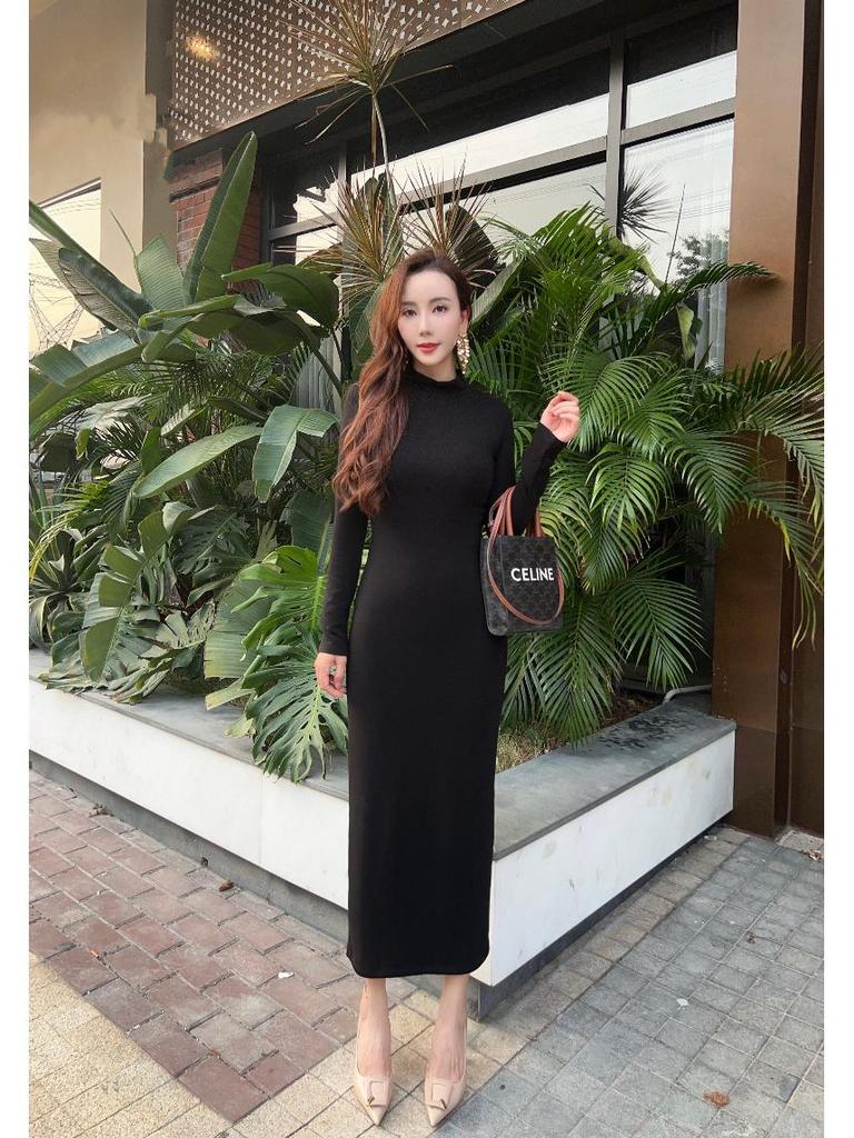 Elegant High-End Autumn Winter Dress: Warm, Semi-High Collar, Slimming Socialite Style