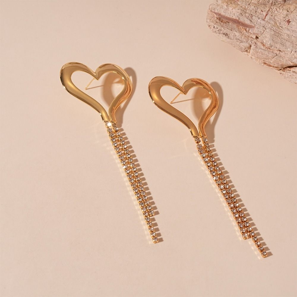 Temperament Heart Earrings Rhinestone Drop Earrings Fashion Long Tassel Earrings  Wedding