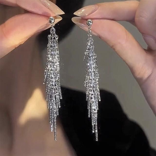 S925 Silver Geometric Tassel Stud Earrings: Fashionable Korean Style, Elegant Design, Versatile for Women