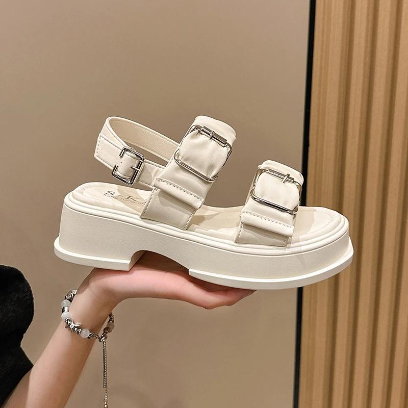 5cm Women Punk Sandals Summer Platform Wedges High Heel Sandals Female Open-toe Chunky Sneakers Beach Buckle Slippers Woman New
