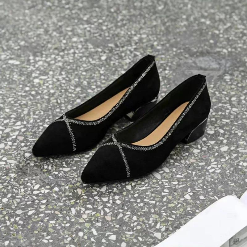 Fashion Ladies Pumps Chunky Heels Women's Shoes Block Heel Low Elegant Pointed Toe Luxury Brand With Discount Comfortable 39 Chic Point