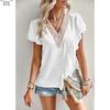DX~~Short Sleeved Shirt Women's Summer Style Commuting V-neck Ruffle Top