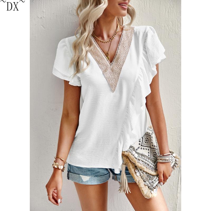 DX~~Short Sleeved Shirt Women's Summer Style Commuting V-neck Ruffle Top