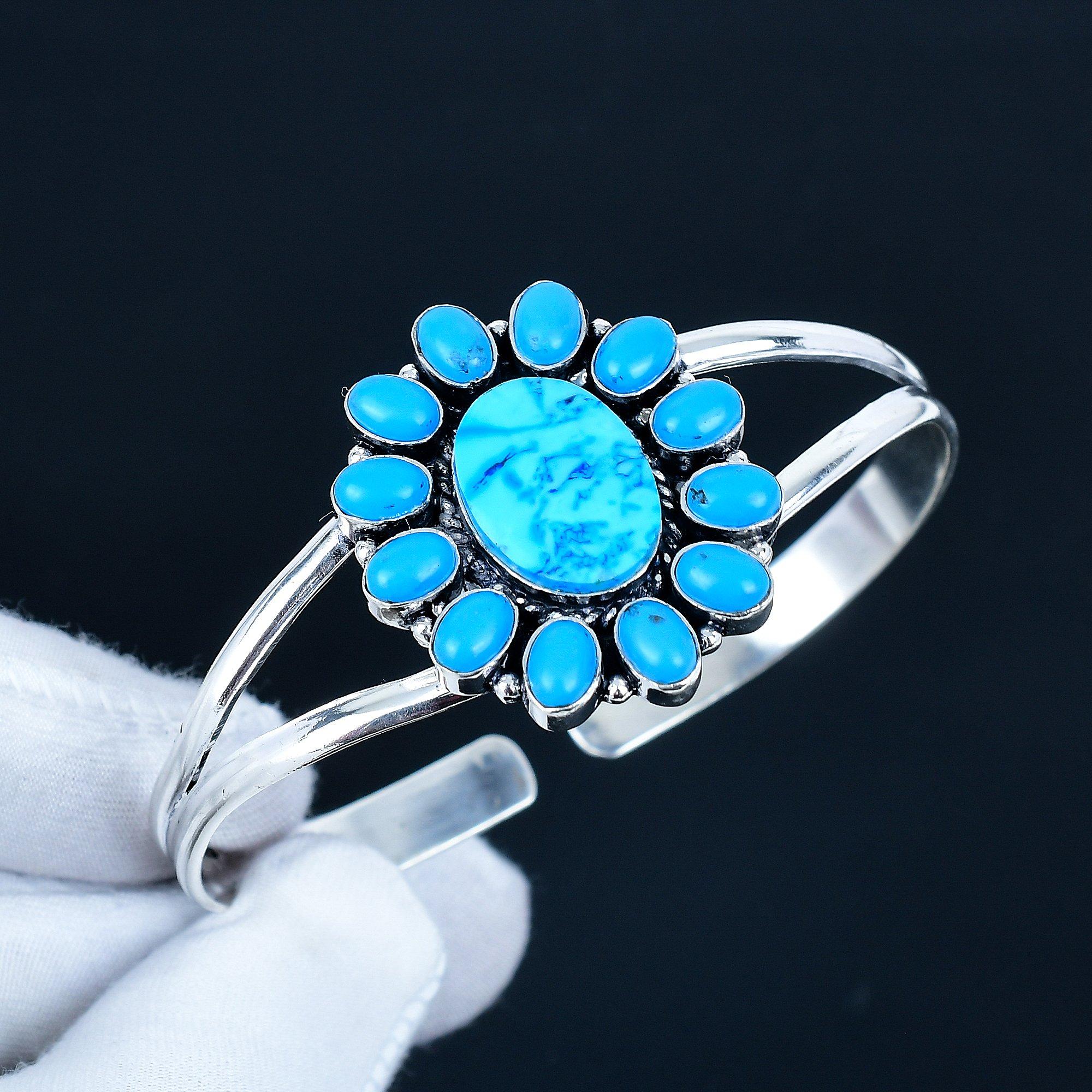 

Красивый бирюзовый драгоценный камень, браслет-манжета ручной работы, браслет-манжета из стерлингового серебра 925 пробы, браслет в форме цветка с бирюзой для жены, унисекс браслет, подарок любви 7 синий