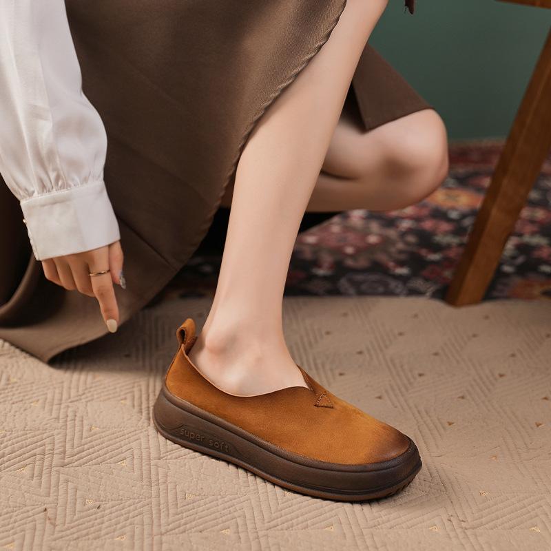 Autumn new first-layer cowhide women's shoes retro literary round head single shoes women's leather thick sole