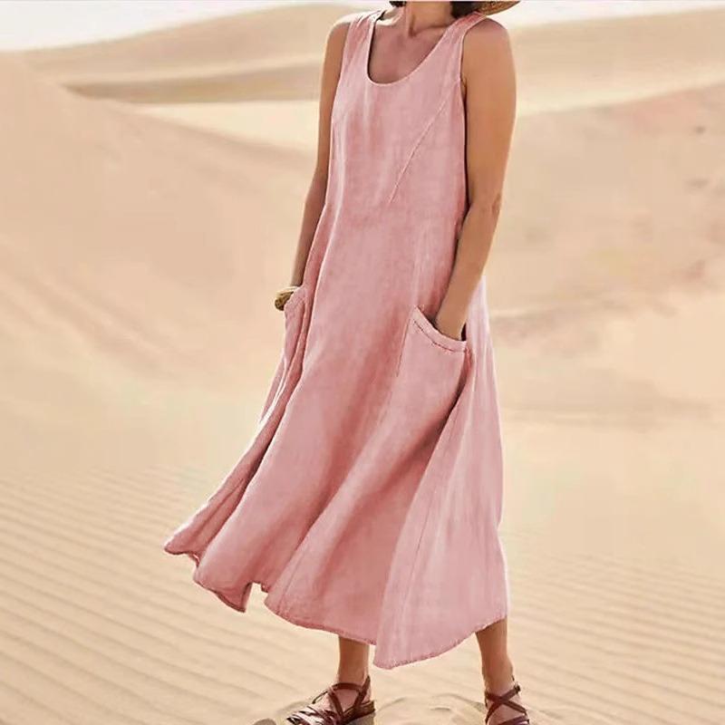 Summer Fashion Loose Sleeveless Pocket Dress Crew Neck Elegant Women Plus Size Casual Simple A-line Party Dresses Solid Color Streetwear Clothing
